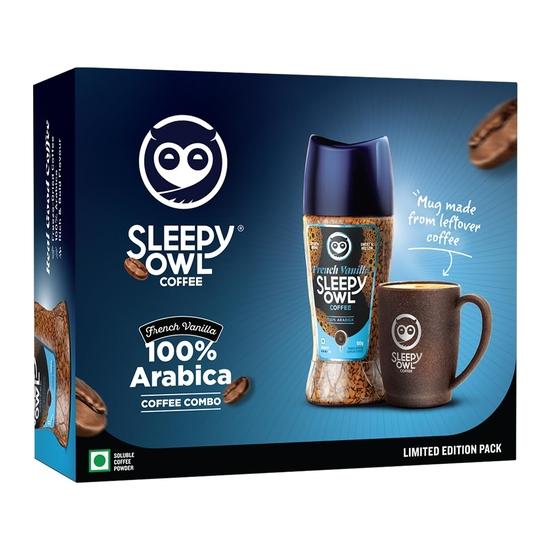 Подарочный набор кофе Sleepy Owl French Vanilla | 100% арабика растворимый кофе (100г) с экологичной кофейной кружкой | Включает кофе с кружкой